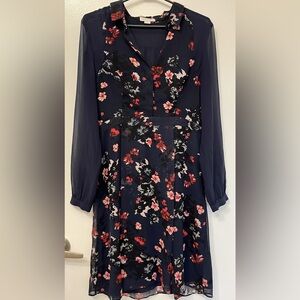 Monsoon Dark Blue Dress with Floral Red and Pink Pattern